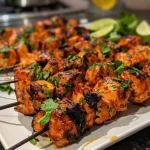 Deliciously charred chicken pieces on skewers, presented on a wooden board.