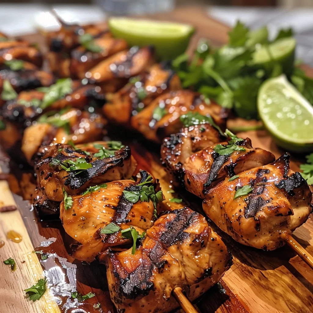 Side view of succulent chicken skewers garnished with fresh coriander.