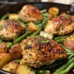 Side view of a colorful one-pan meal with chicken, green beans, and red potatoes.