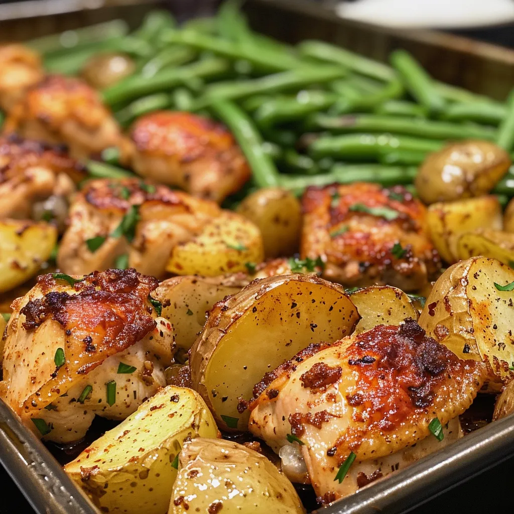 Succulent chicken pieces surrounded by fresh green beans and diced potatoes.