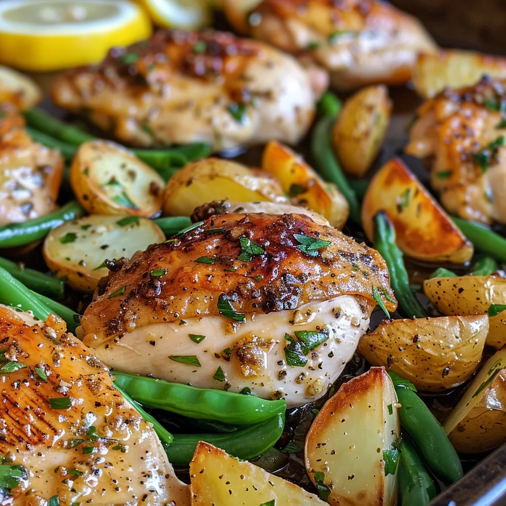 Detailed view of a savory one-pan chicken dish featuring juicy chicken, rosemary potatoes, and bright green beans.
