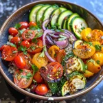 Side view of a delicious quinoa dish filled with bell pepper, zucchini, and tomatoes.