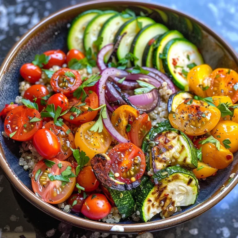 Side view of a delicious quinoa dish filled with bell pepper, zucchini, and tomatoes.