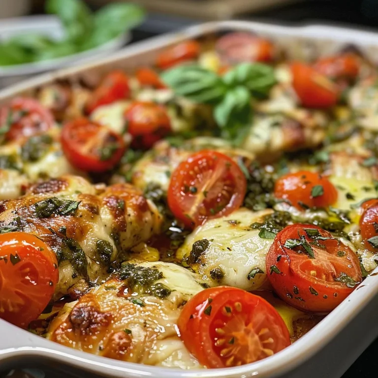 Side angle of a creamy chicken casserole featuring vibrant colors from tomatoes and basil.