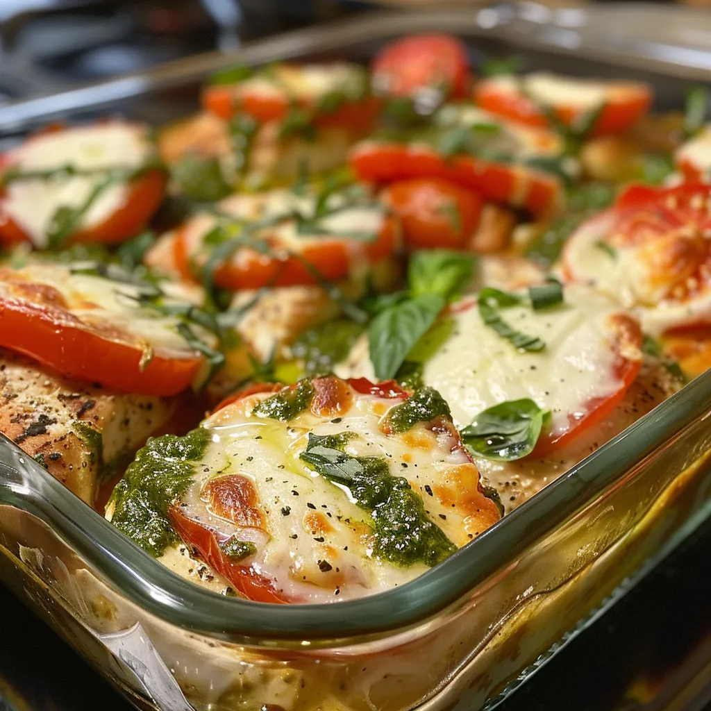 Savory casserole dish overflowing with cooked chicken, mozzarella, and basil pesto.