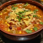 Side view of luscious Chicken Tortilla Soup topped with crispy tortilla chips.