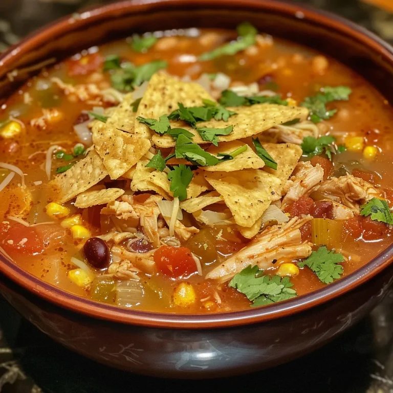 A Whirlwind Adventure in a Bowl: Savory Chick-fil-A Chicken Tortilla Soup Side view of luscious Chicken Tortilla Soup topped with crispy tortilla chips.