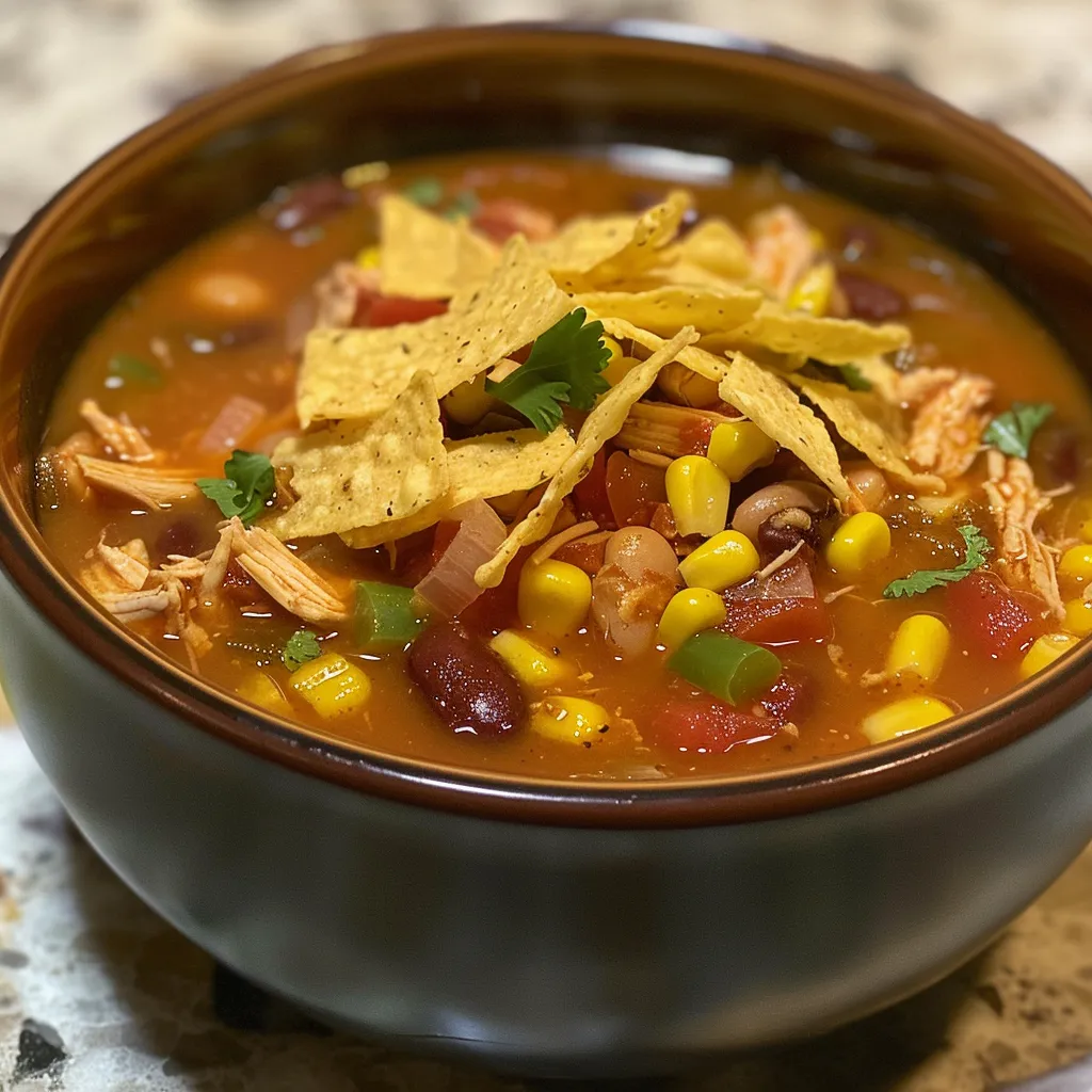 Juicy Chicken Tortilla Soup filled with colorful ingredients like beans and tomatoes.