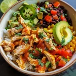 Side view of a hearty burrito bowl showcasing colorful ingredients and a drizzle of dressing.