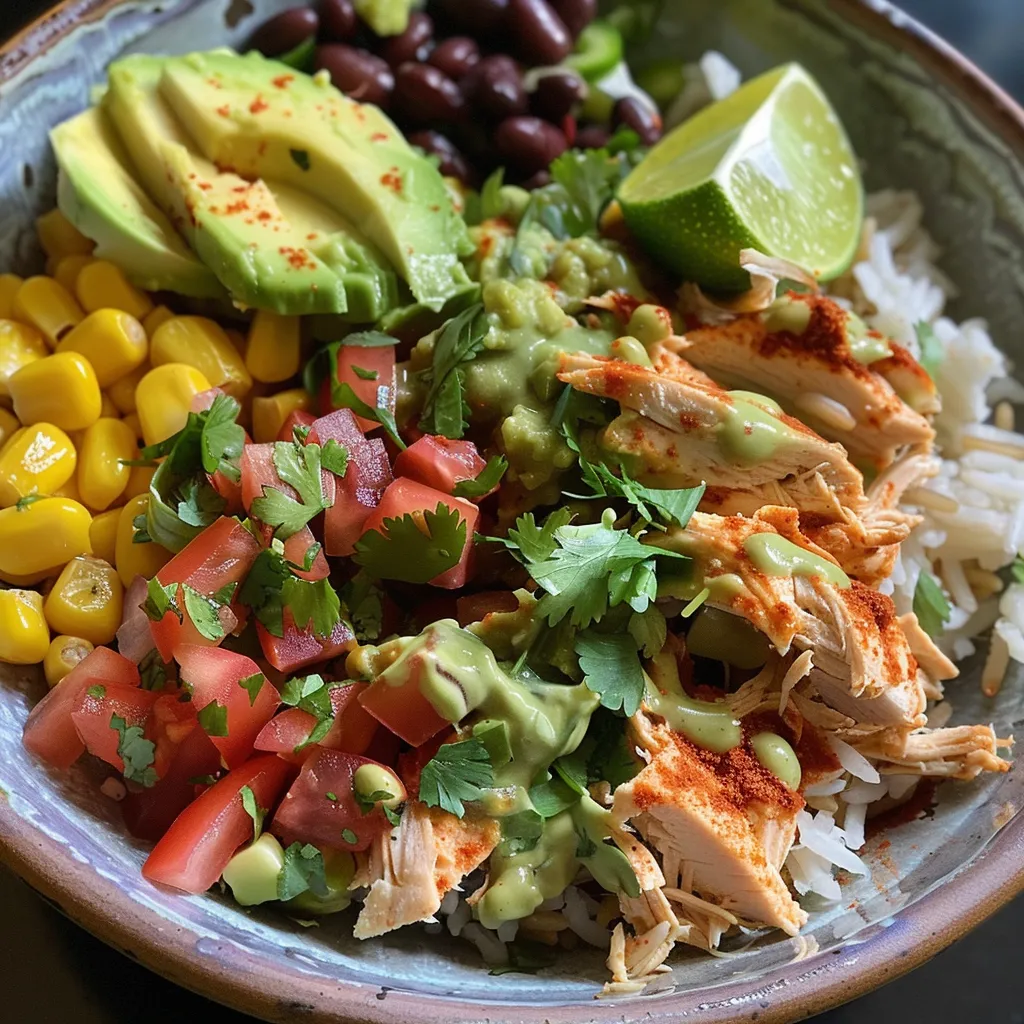 Appetizing slow cooker chicken burrito bowl topped with avocado slices and lime wedges.