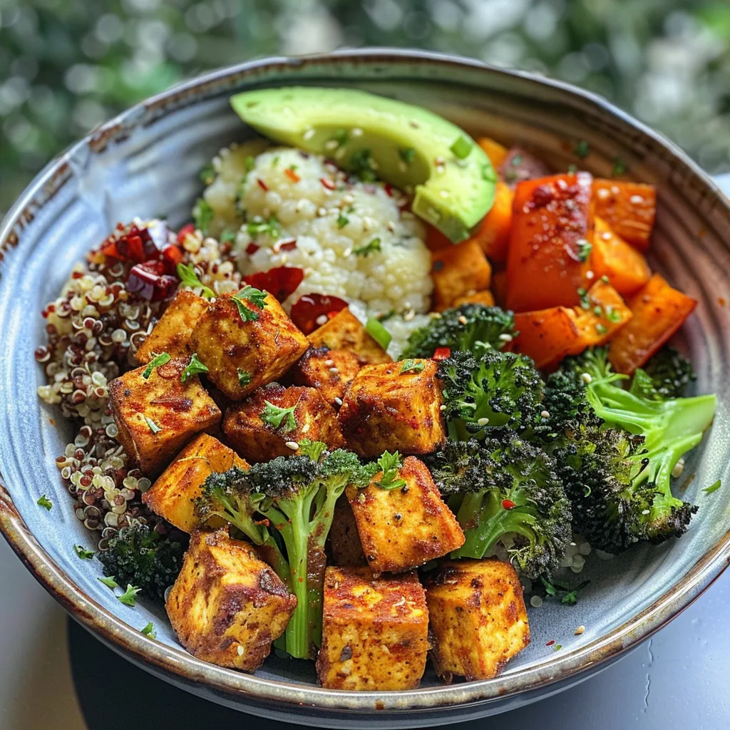 A detailed shot of a healthy meal featuring quinoa, tofu, and roasted veggies, garnished with avocado.
