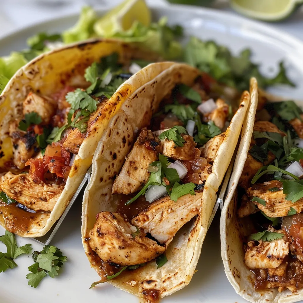 Side view of juicy spicy chipotle chicken tacos garnished with cilantro and lime.