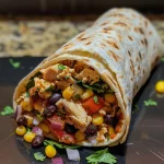 Detailed view of a juicy Spicy Southwest Chicken Veggie Wrap with visible layers of chicken and vegetables.