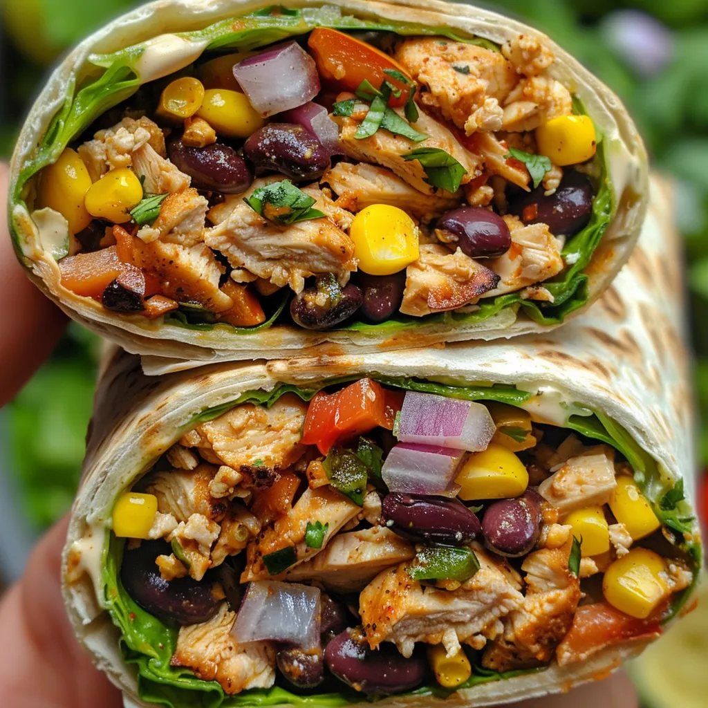 Close-up of a colorful Spicy Southwest Chicken Veggie Wrap, filled with chicken, beans, and peppers.