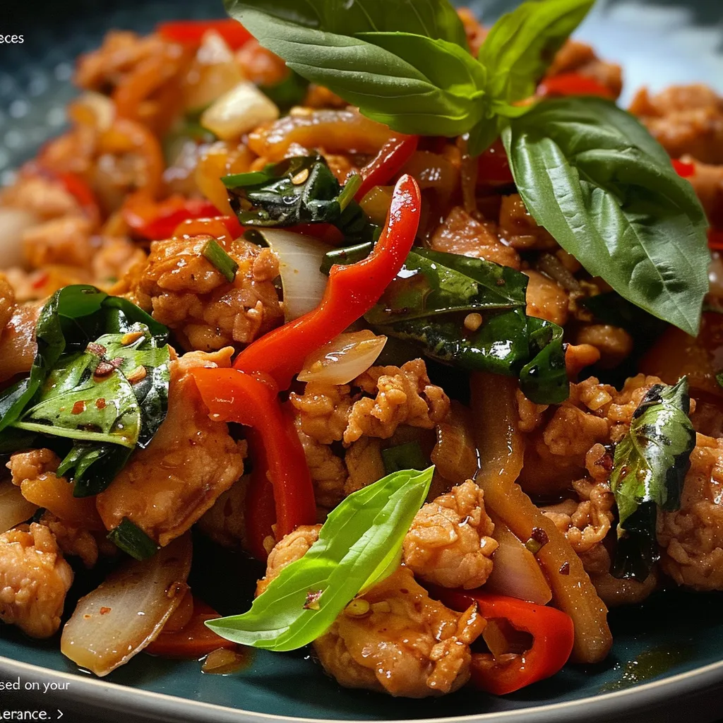 Side view of Spicy Thai Basil Chicken showcasing crispy garlic and fried egg.