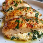 Detailed shot of a deliciously stuffed chicken breast, featuring green spinach and creamy cheese oozing out.