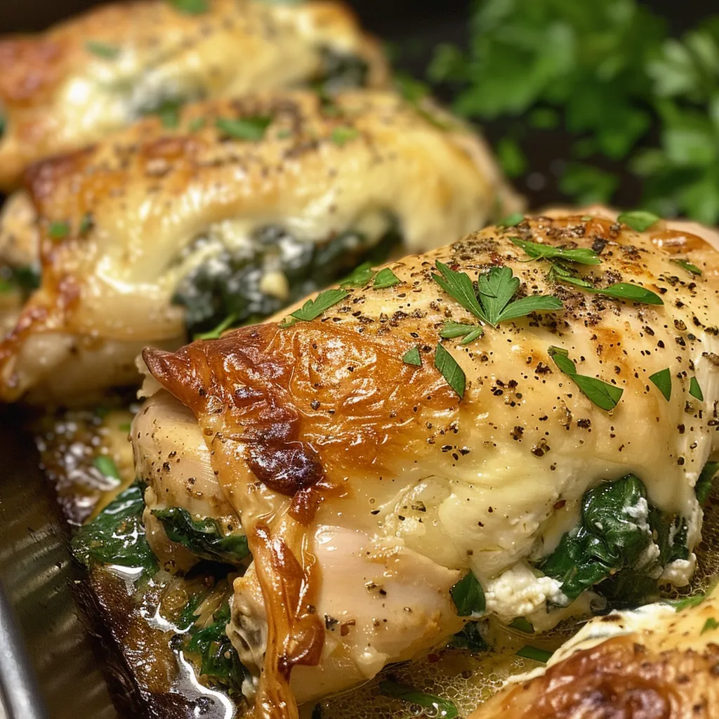 Close-up image of a golden-brown chicken breast filled with spinach and cheese, highlighting the delectable ingredients.