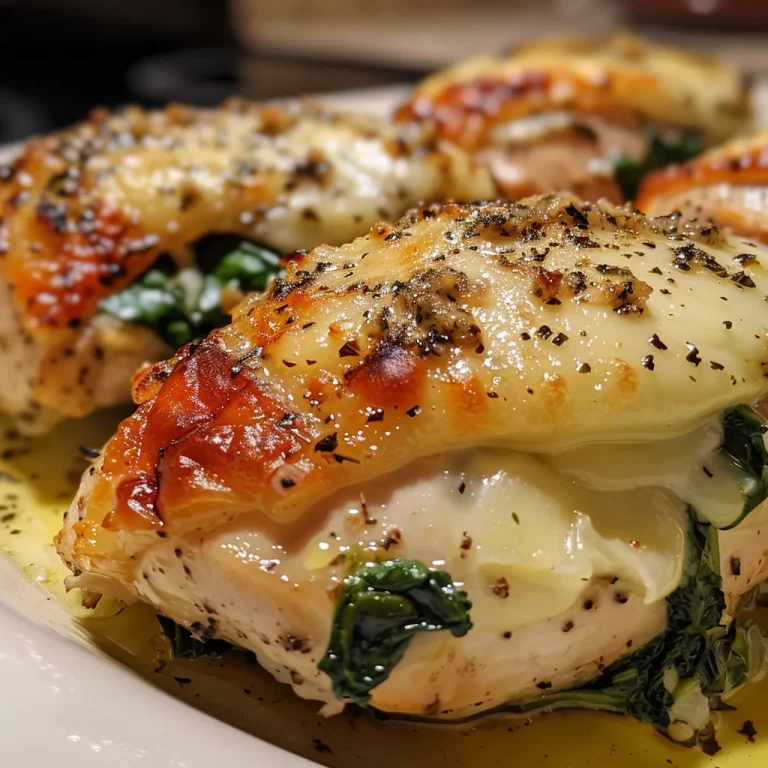 Close-up of spinach stuffed chicken showing melted cheese and herbs.