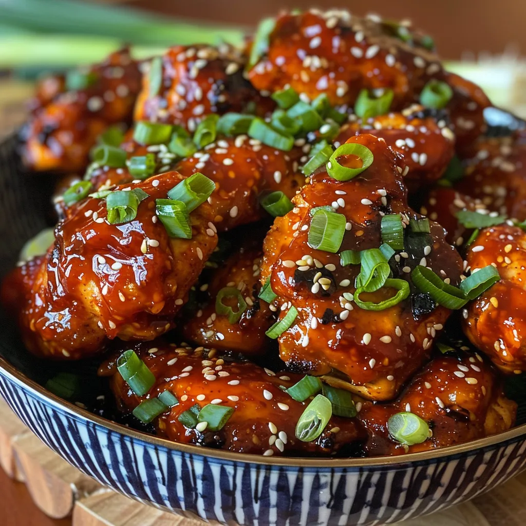 Flavorful Sticky Honey Gochujang Chicken featuring a shiny, caramelized exterior with green onions and sesame seeds.