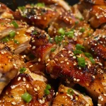 Succulent piece of Sticky Korean Chicken with visible herbs and sauce.