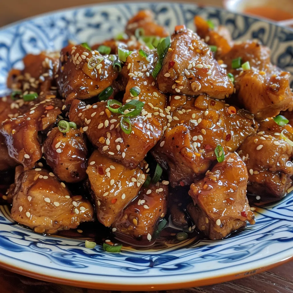 Juicy chicken thigh coated in a glossy, sticky sauce with garlic bits.