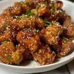 A side view of crispy chicken pieces glistening with a sticky sesame glaze and sprinkled with sesame seeds.