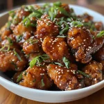 Tantalizing Sticky Sesame Chicken Bites arranged appetizingly with a rich, shiny sauce.