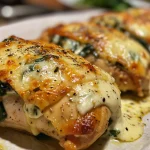 Detailed image of a stuffed chicken breast, highlighting the rich spinach and cream cheese blend inside.