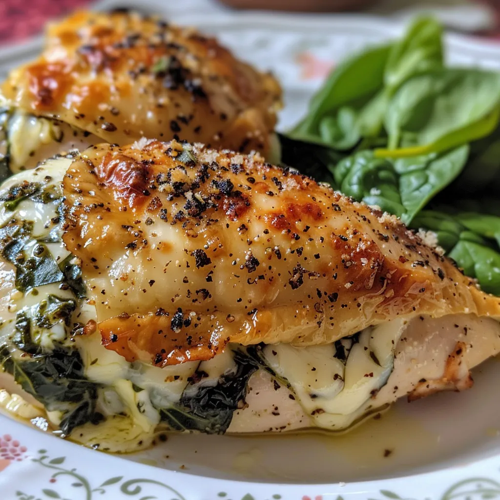 Close-up shot of a delicious chicken breast, revealing the savory spinach and mozzarella filling.