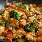 Side view of a delicious Sweet Chili Chicken Stir Fry showcasing tender chicken and fresh vegetables.
