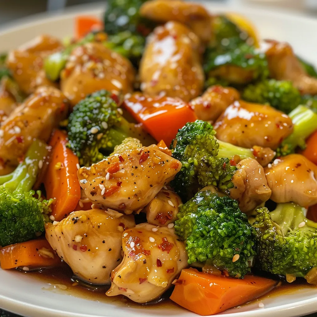 Juicy Sweet Chili Chicken Stir Fry displayed in a bowl, highlighting broccoli, carrots, and zucchini.