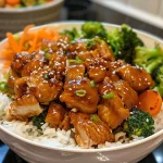 Close-up of a delicious Teriyaki Chicken Bowl garnished with sesame seeds and fresh greens.