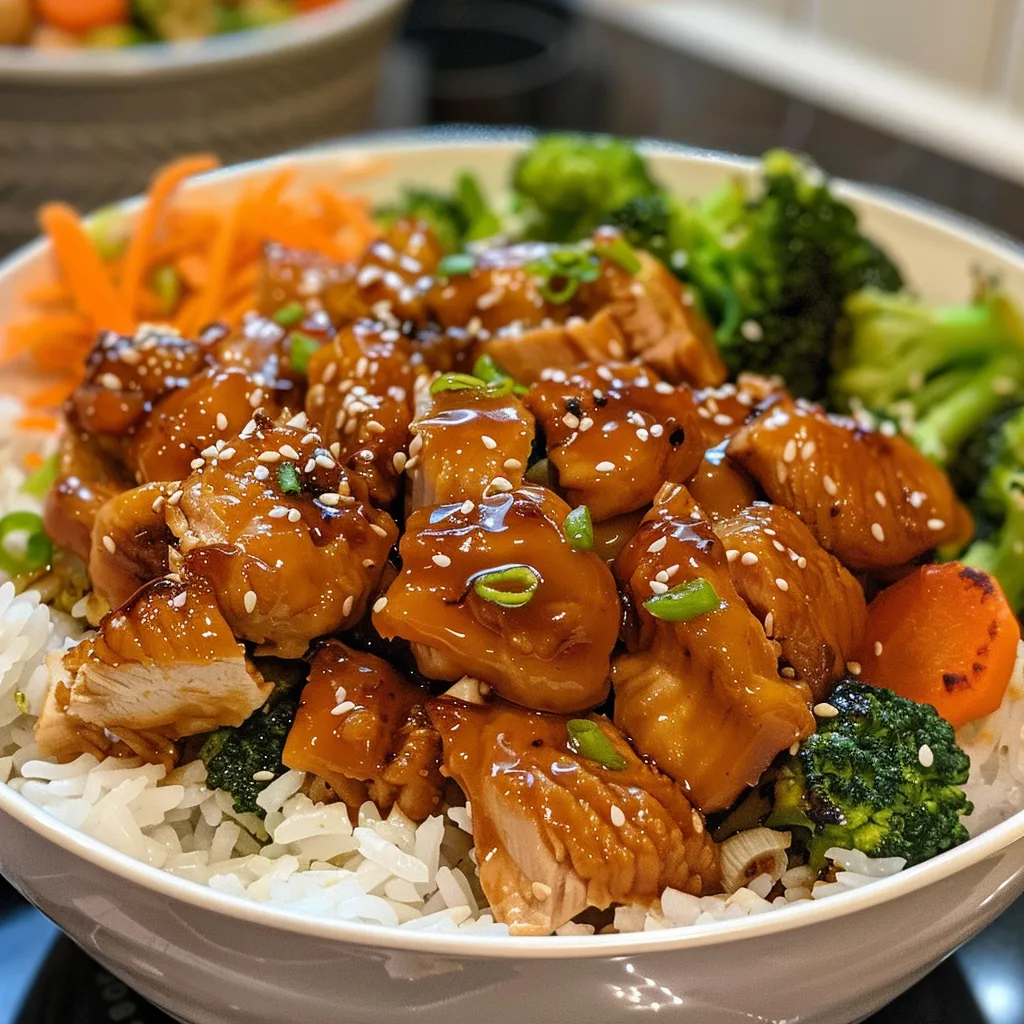 Close-up of a delicious Teriyaki Chicken Bowl garnished with sesame seeds and fresh greens.