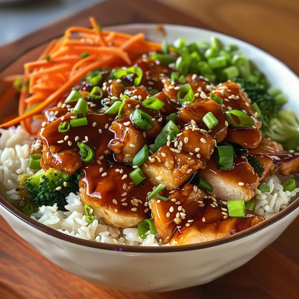 Delicious Teriyaki Chicken Rice Bowl garnished with sesame seeds and green onions.