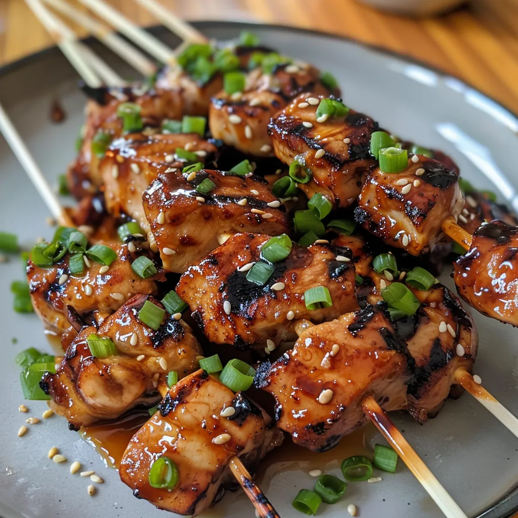 Deliciously cooked chicken cubes on skewers, showcasing a rich glaze and fresh garnishes.