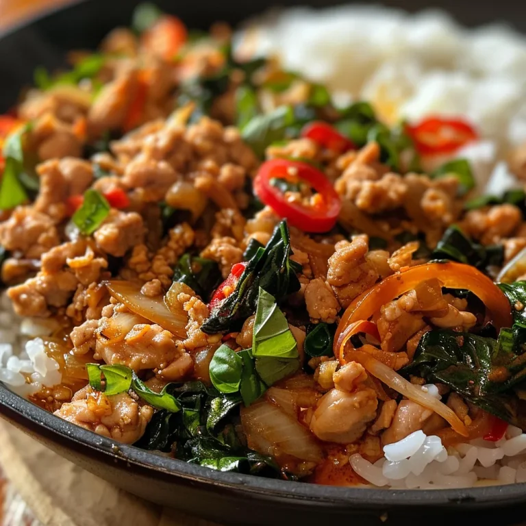 Side view of a Thai Basil Chicken dish in a skillet, showcasing colorful vegetables.