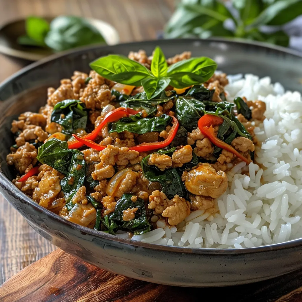 Juicy Thai Basil Chicken in a skillet, with garlic and chiles visible.