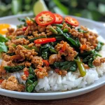 Side view of a plate filled with Thai Basil Chicken, garnished with lime wedges.