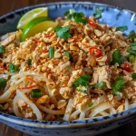 A side view of a bowl filled with Thai Chicken Peanut Noodles, highlighting the rich texture.
