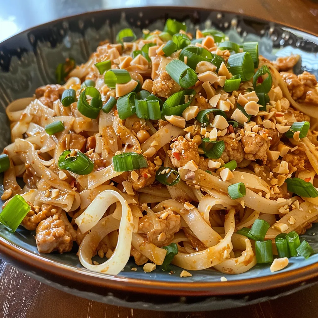 Detailed close-up of rice noodles with chicken and a drizzle of peanut sauce, adorned with fresh herbs.