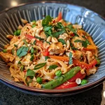 Juicy Thai Peanut Chicken Noodles served with fresh green onions and peanuts.