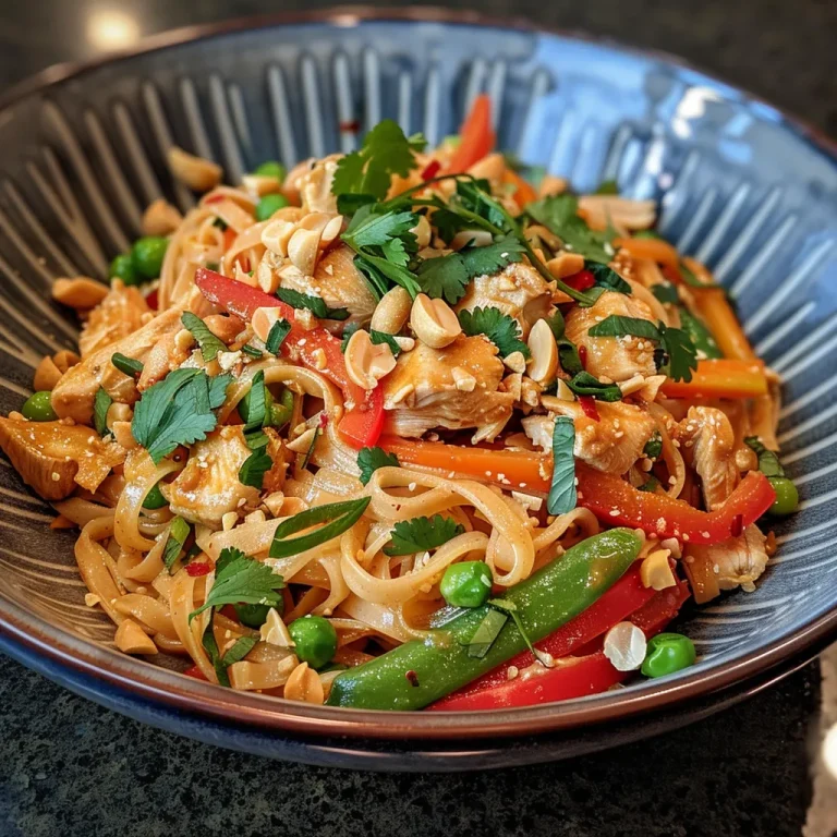Juicy Thai Peanut Chicken Noodles served with fresh green onions and peanuts.