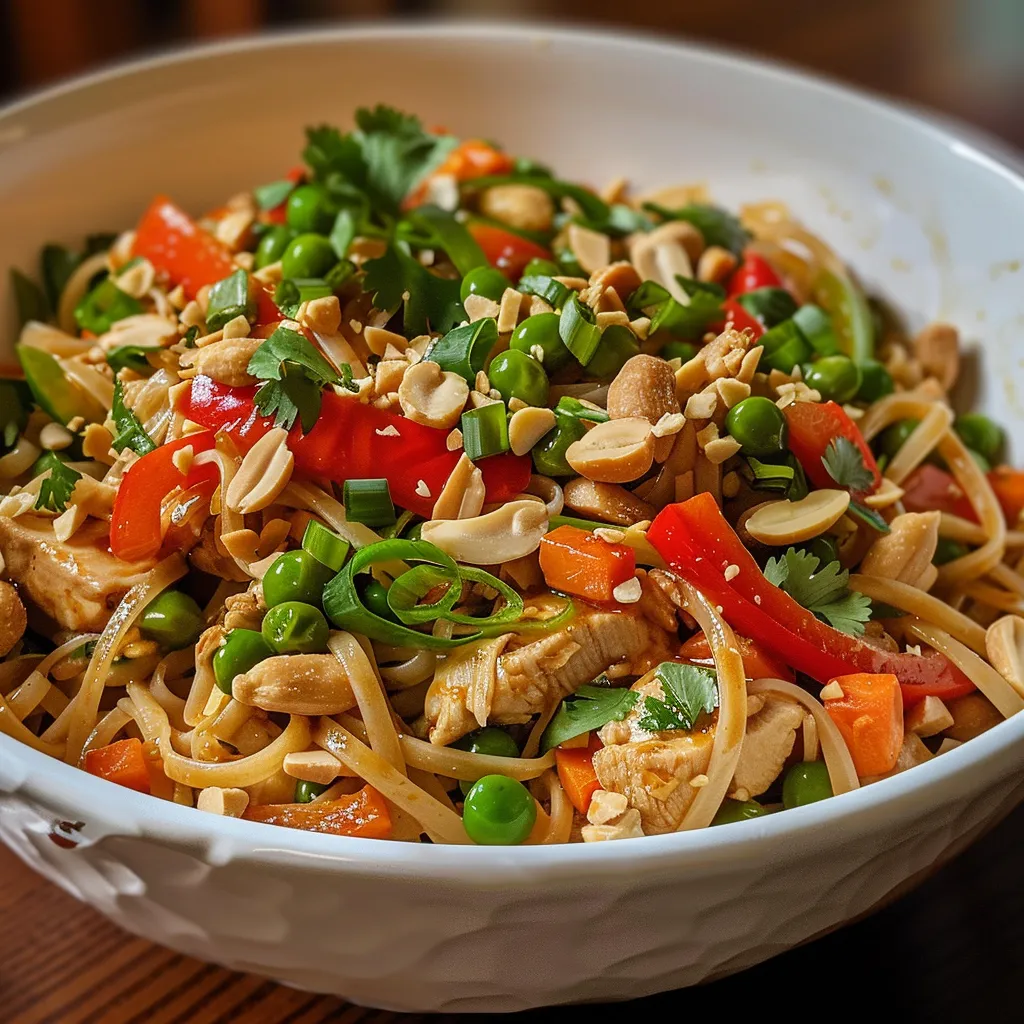 A delicious serving of Thai Peanut Chicken Noodles topped with cilantro and peanuts.