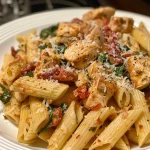 Creamy Tuscan Chicken Pasta featuring fresh spinach and parmesan cheese.
