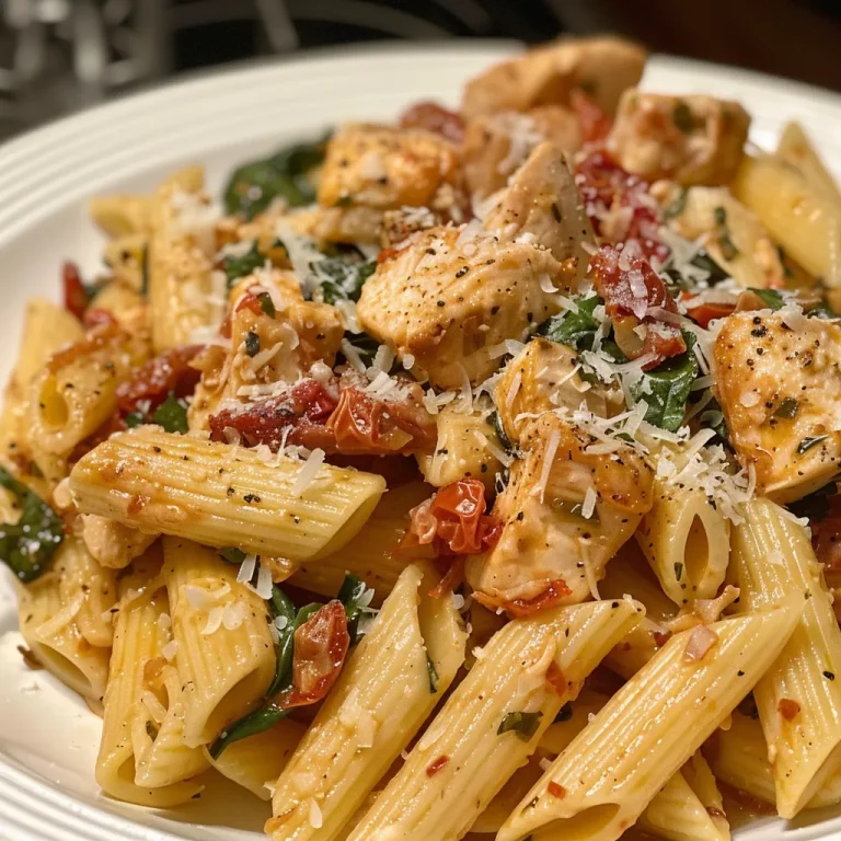 Side view of a vibrant Tuscan Chicken Pasta, showcasing ingredients like sun-dried tomatoes and fresh spinach.