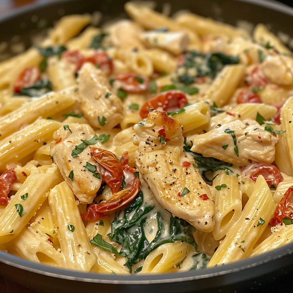 Side view of a bowl filled with Tuscan Chicken Pasta, garnished with herbs.