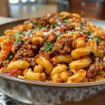 Close-up view of high-protein pasta topped with ground beef and marinara sauce.