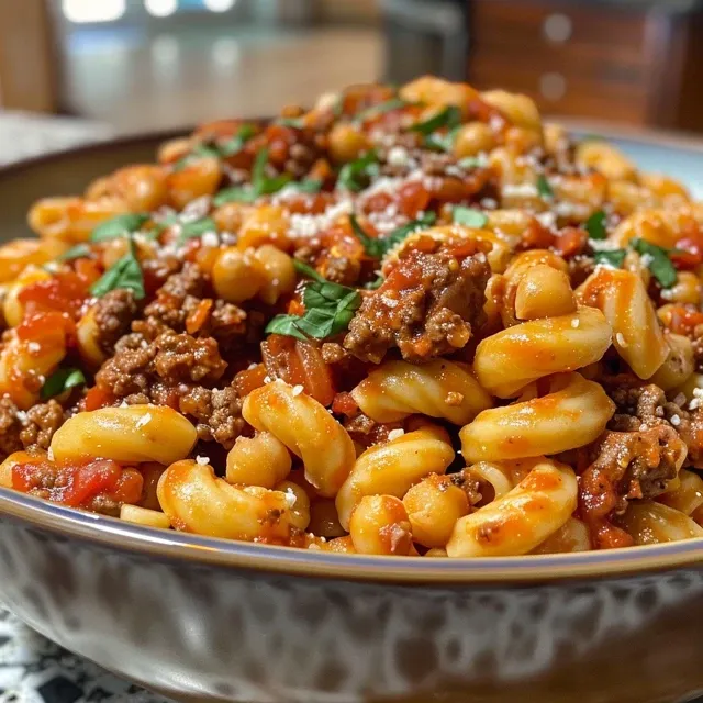 Close-up view of high-protein pasta topped with ground beef and marinara sauce.