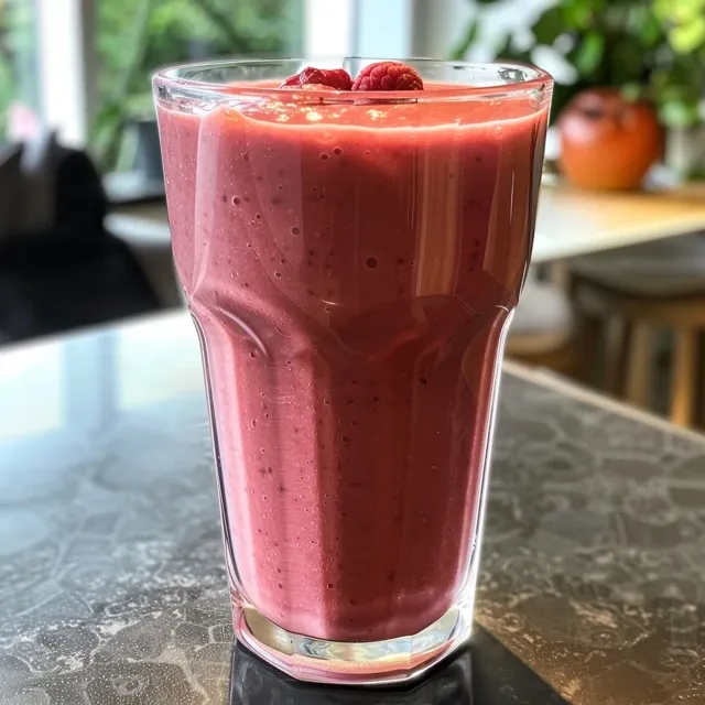 A vibrant Röda bär & Vaniljprotein Smoothie in a clear glass, showcasing a thick pink texture with visible berry pieces.
