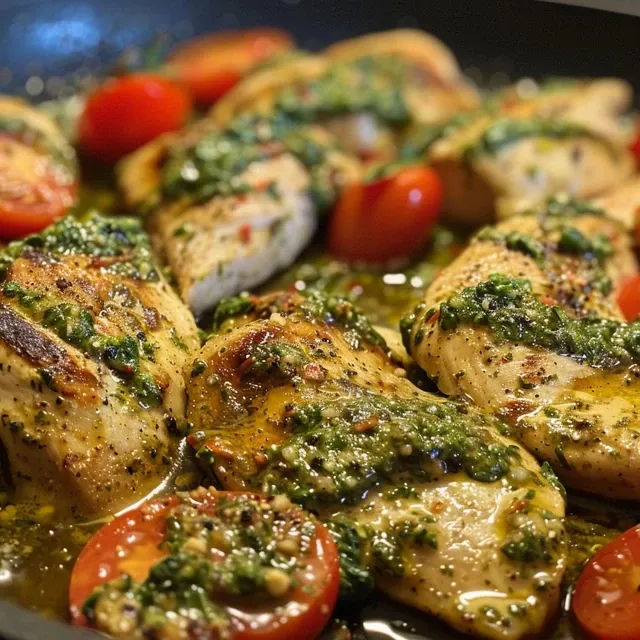 Juicy, sautéed chicken in a creamy pesto sauce with halved cherry tomatoes and spinach.